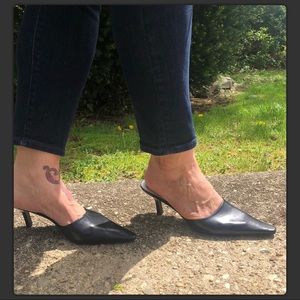 BCBG black leather slides